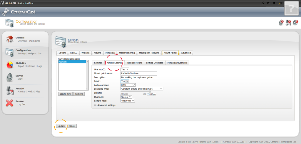 Centova Moint Point Stream AutoDJ Settings